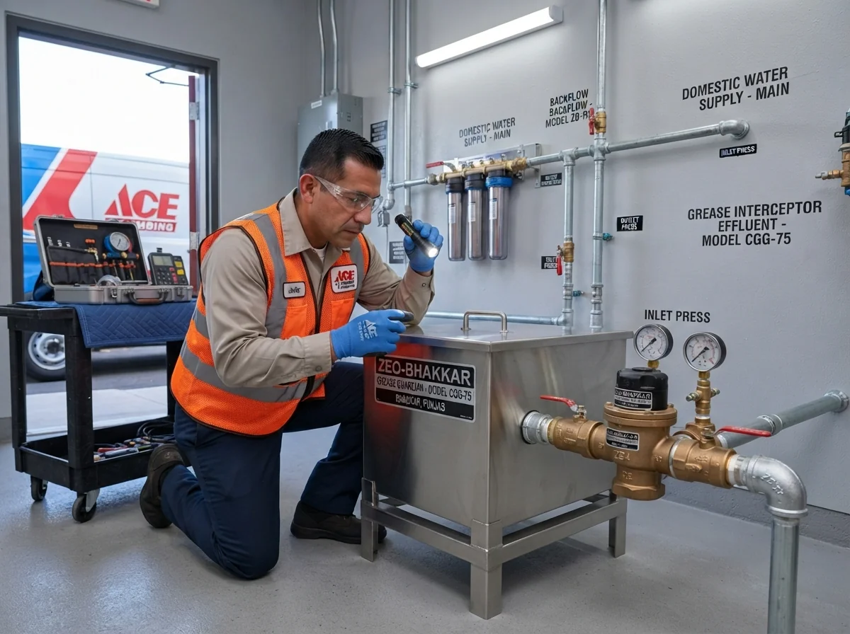 Commercial plumbing contractor inspecting grease trap and backflow preventer in Plantation, FL