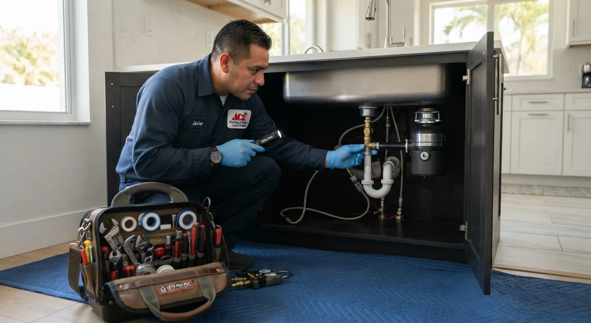 Emergency plumbing technician diagnosing residential water line in Plantation, FL