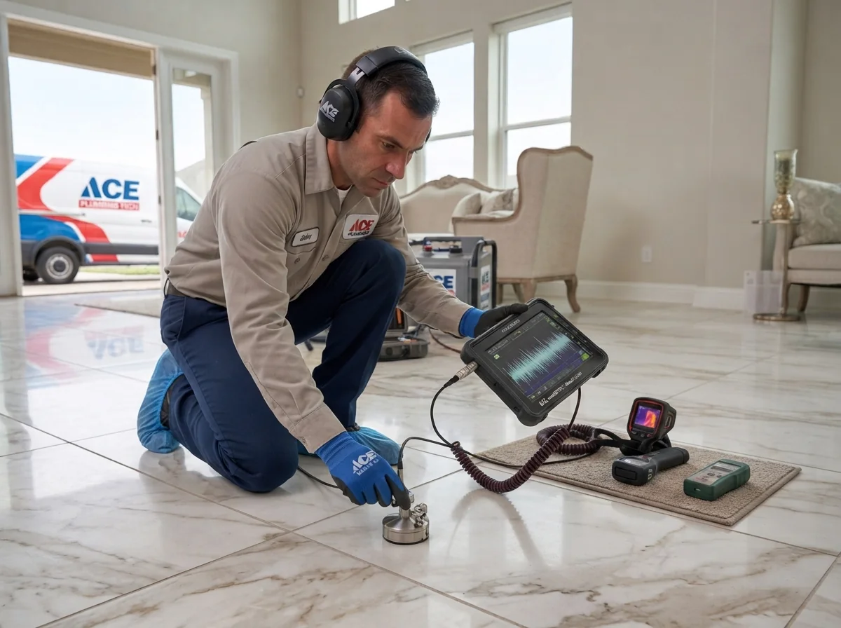 Acoustic ultrasonic leak detector scanning concrete slab floor in Plantation, FL