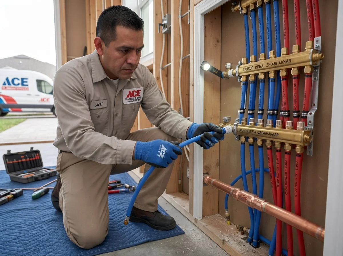 Plumbing technician installing commercial grade PEX-A repiping manifold in Plantation, FL