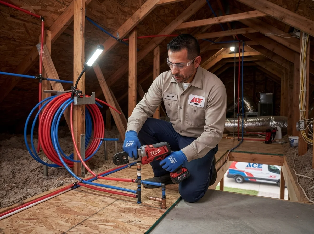 Plumber installing overhead PEX line reroute to repair slab leak in Plantation, FL