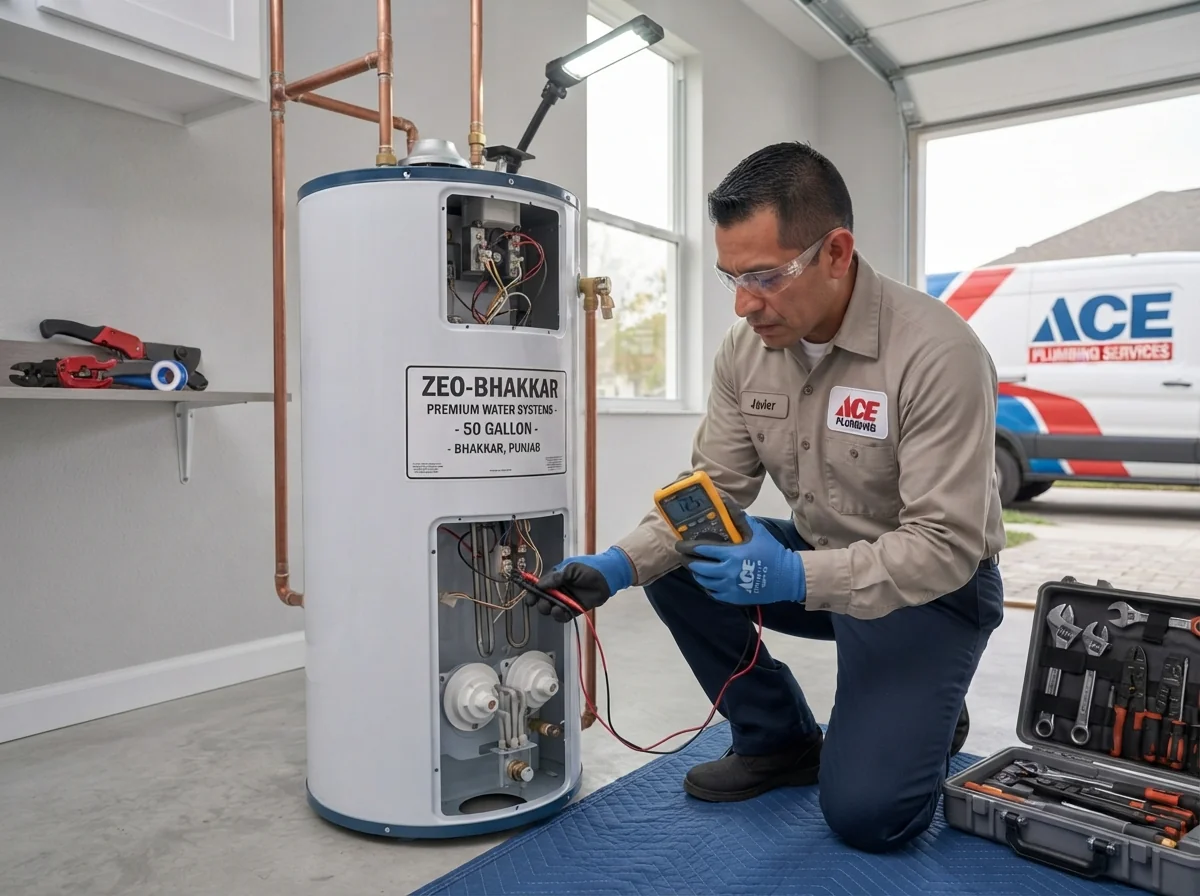 Technician performing diagnostic electrical testing on water heater in Plantation, FL