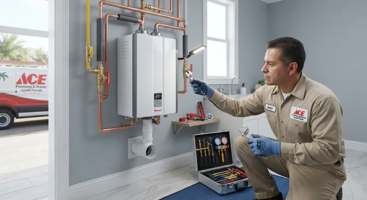 Newly installed energy efficient tankless water heater in Plantation, FL home